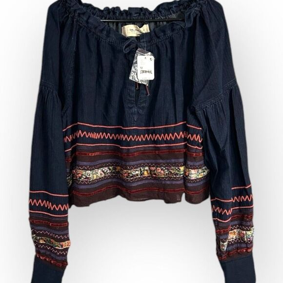 We the Free People Katie Denim Top Embroidered Peasant Tie Velvet & Mesh Trim M - Picture 13 of 13